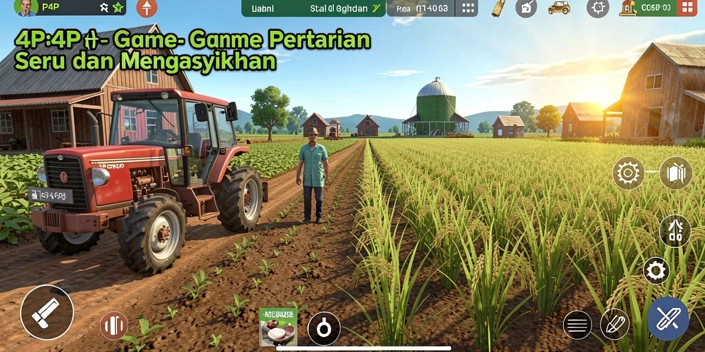 Tampilan gameplay Farming di 4P4P menunjukkan ladang yang subur dan hewan ternak.