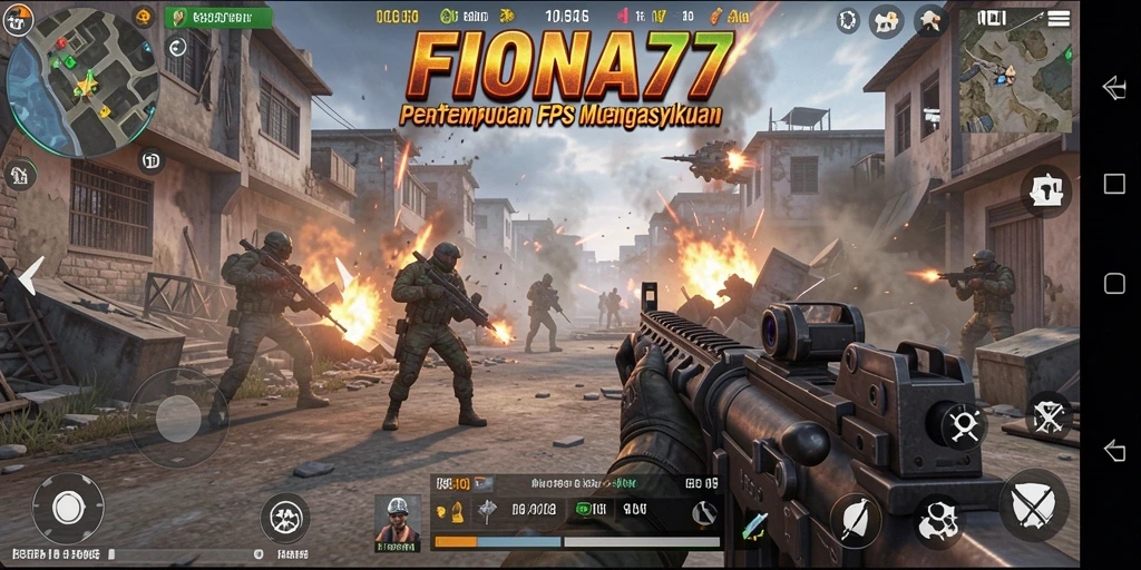 Screenshot permainan <strong>FIONA77</strong> menampilkan aksi tembak-menembak yang intens.