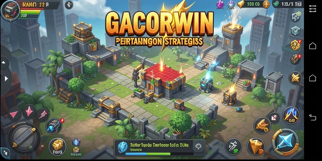 Tampilan gameplay menarik dari GACORWIN dengan berbagai menara dan musuh.