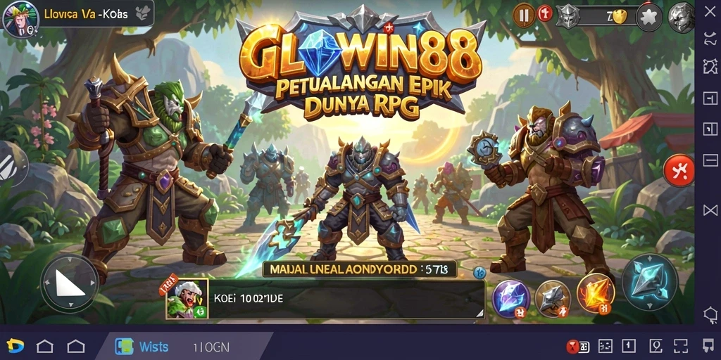 Tampilan gameplay GLOWIN88 dengan karakter berjuang di dunia fantasi.