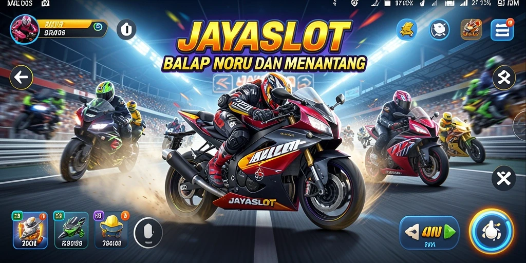 Tampilan gameplay JAYASLOT dengan motor balap yang menantang.