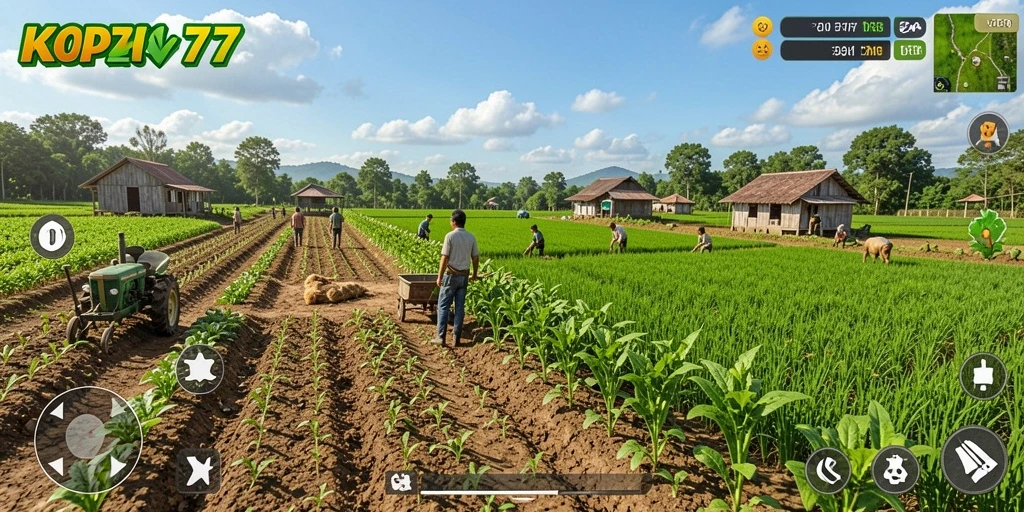 Screenshot gameplay KOPI77 menampilkan petani yang sedang memanen hasil pertanian.