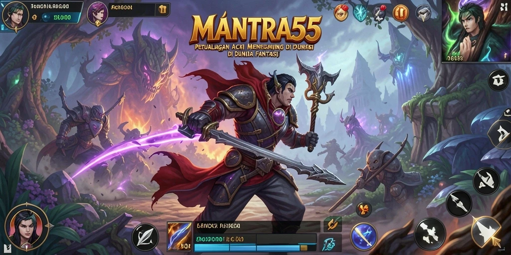 Tampilan gameplay epik di MANTRA55 dengan karakter bertarung.