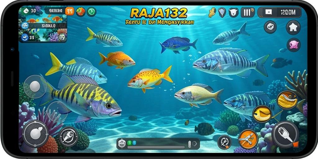Screenshot RAJA132 menampilkan aksi seru Tembak Ikan di bawah laut.