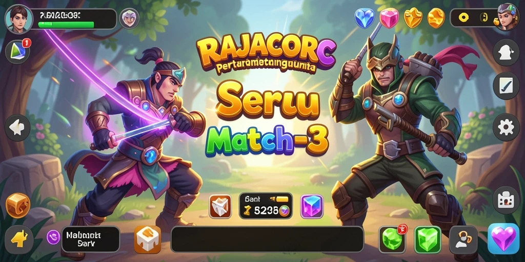 Tampilan permainan RAJACORC yang menarik dan penuh warna dalam genre Match-3.