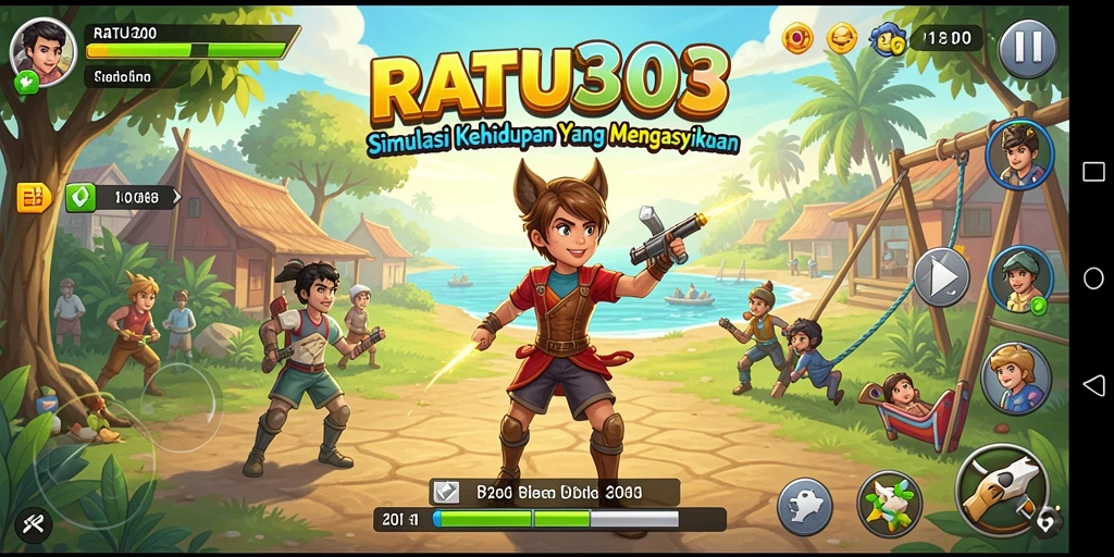 Screenshot gameplay RATU303 menampilkan karakter dalam aktivitas sehari-hari.