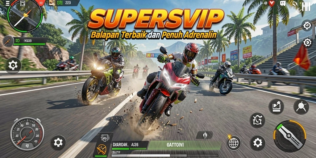Tampilan gameplay SUPERSVIP yang mendebarkan dan penuh aksi balapan motor.