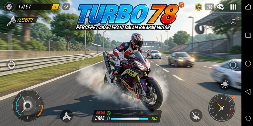 Tampilan gameplay TURBO78 yang mendebarkan saat balapan dengan motor cepat.